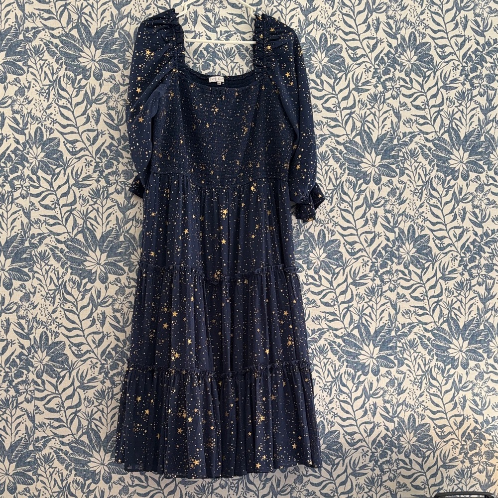 Ivy City Co Navy Midi Dress with Gold Star Print